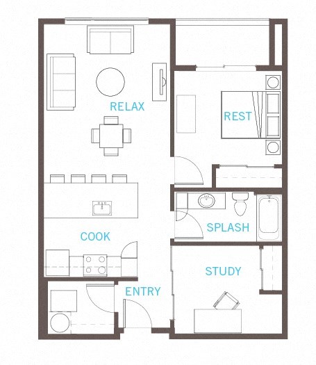 Floor plan for 1 bed, 1 bath, 831 sqft